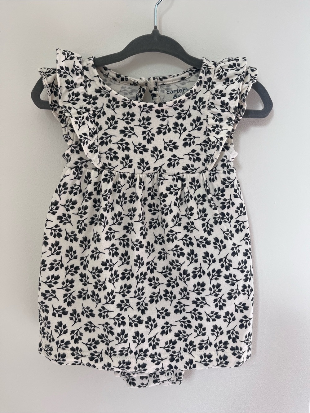 Carter's White Dress with Black Floral Print and Ruffle Shoulders